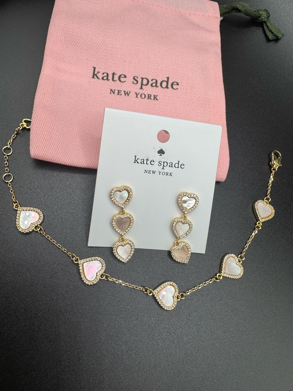 kate spade Gold Heart Drop Earrings and bracelet set with Mother-of-Pearl Accent